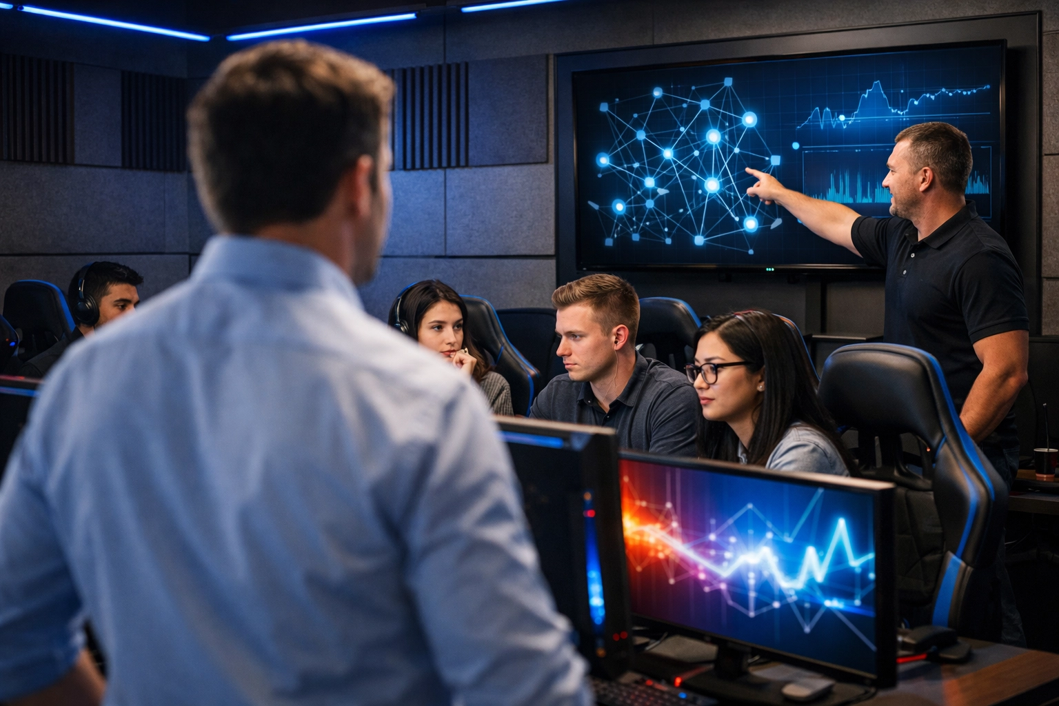 Trainees learning technical skills in a professional esports-inspired corporate upskilling lab.