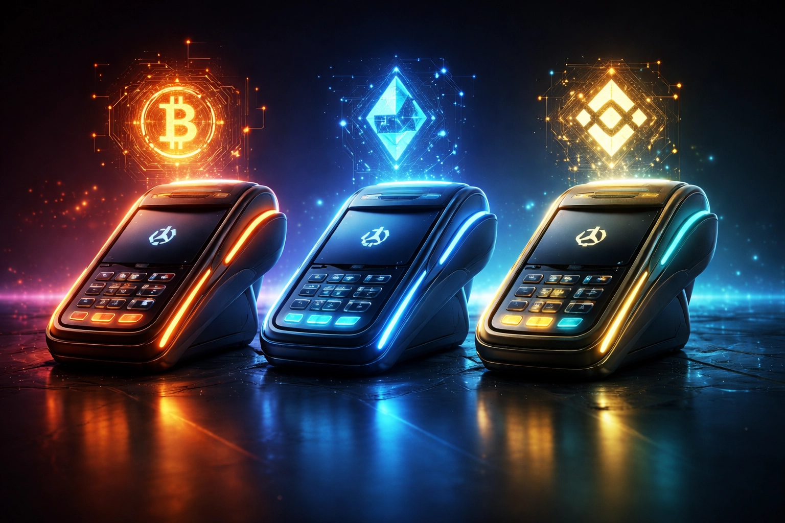 Futuristic payment terminals highlighting the differences between NOWPayments, CoinPayments, and Larecoin Web3 processors