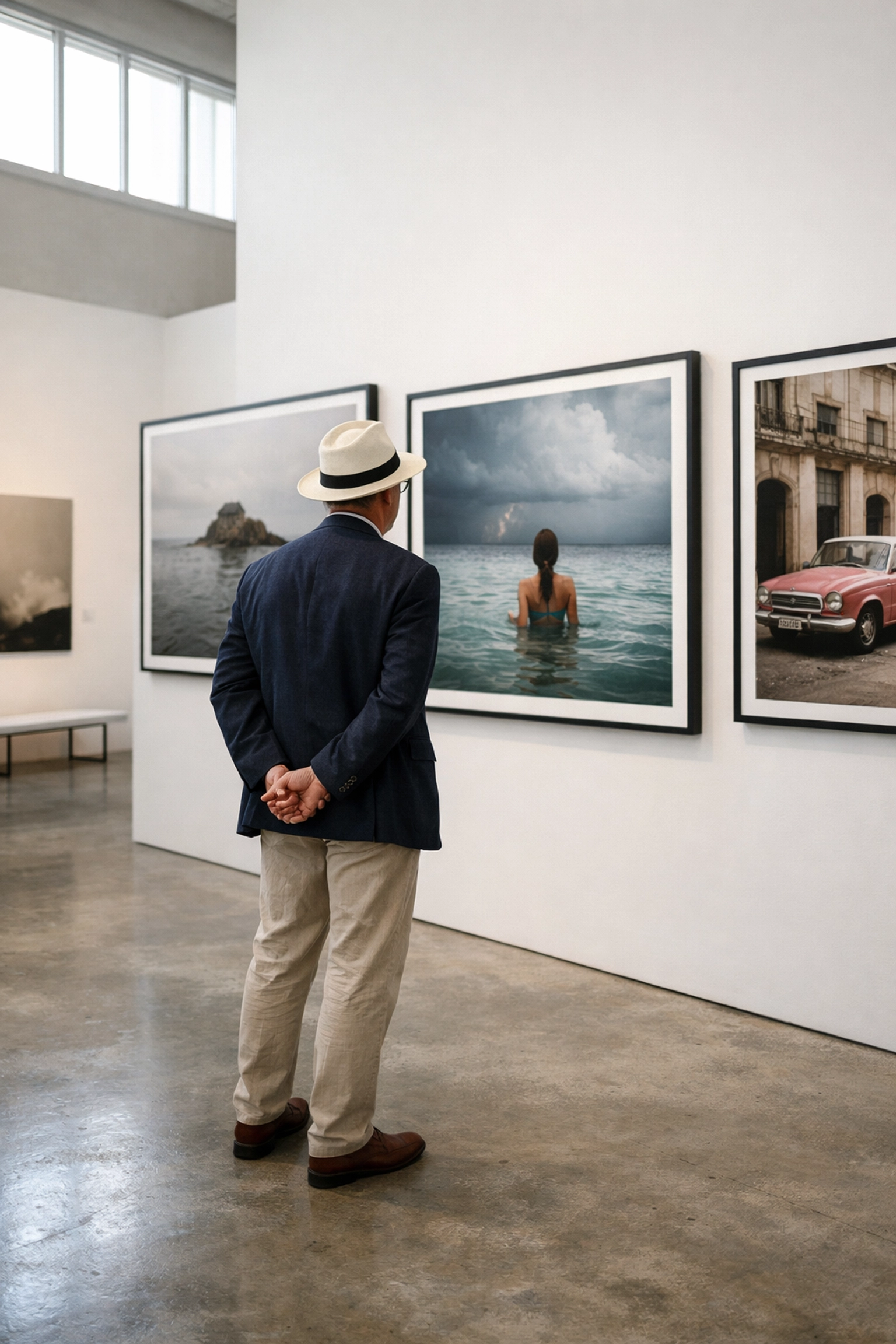 A collector viewing large limited edition photography prints in a modern Miami art gallery.