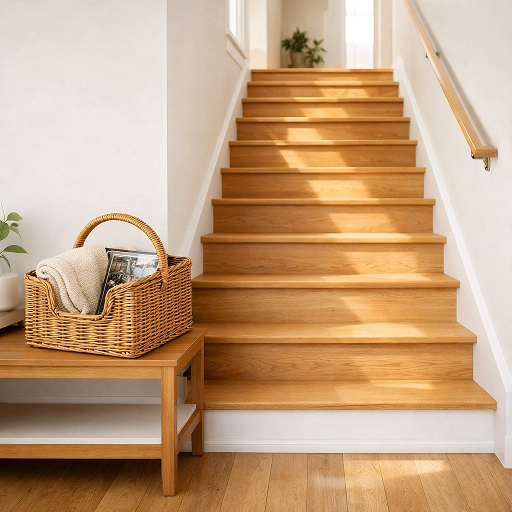 A clear, clutter-free staircase with a storage basket kept on a side table to prevent tripping.