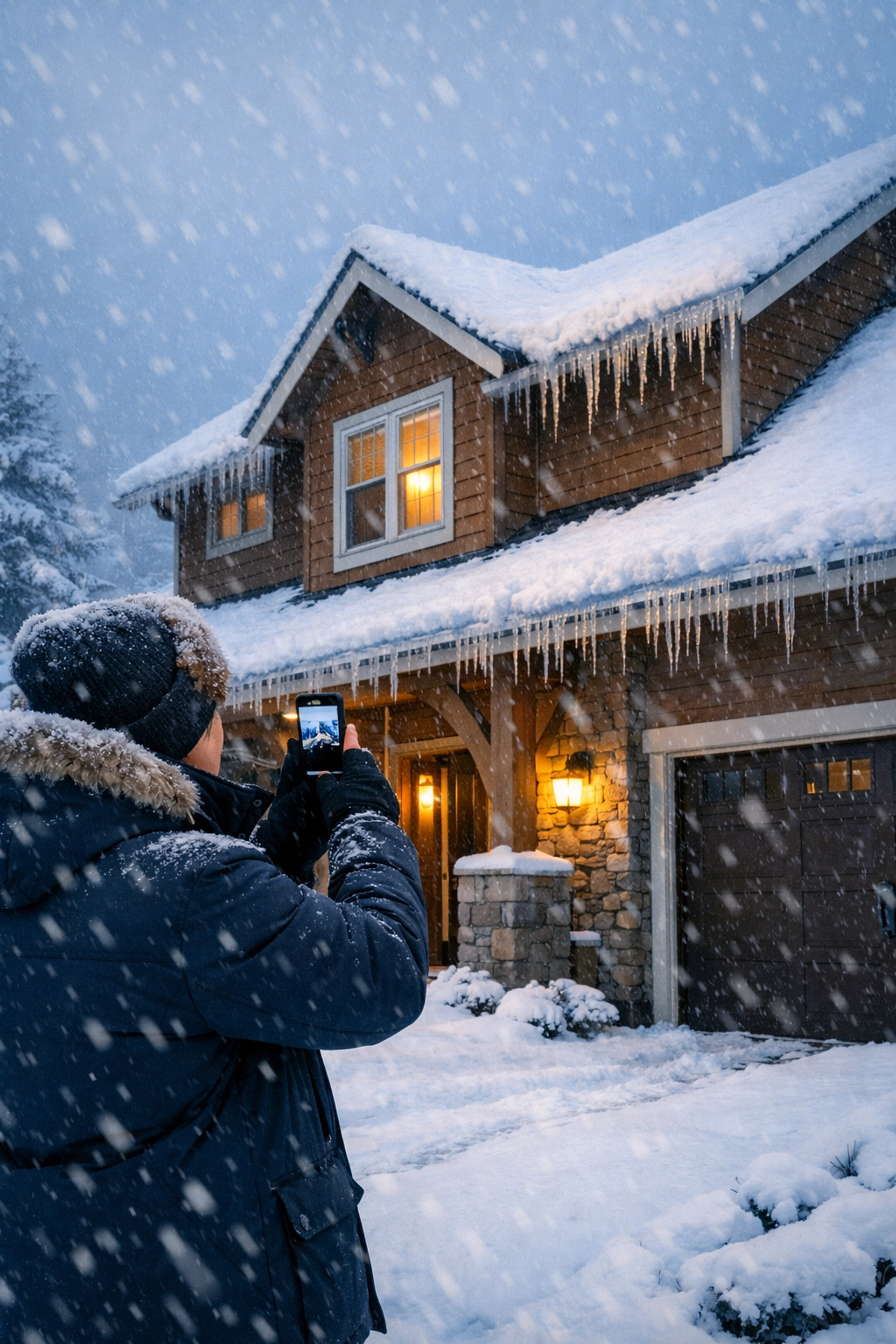 Homeowner safely inspecting roof for ice dams and winter storm damage from ground level