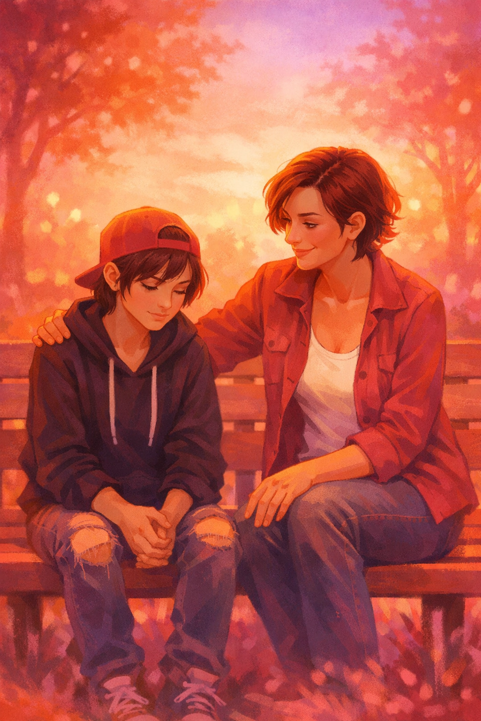 Lesbian woman comforting her younger self, showing LGBTQ+ resilience and self-compassion