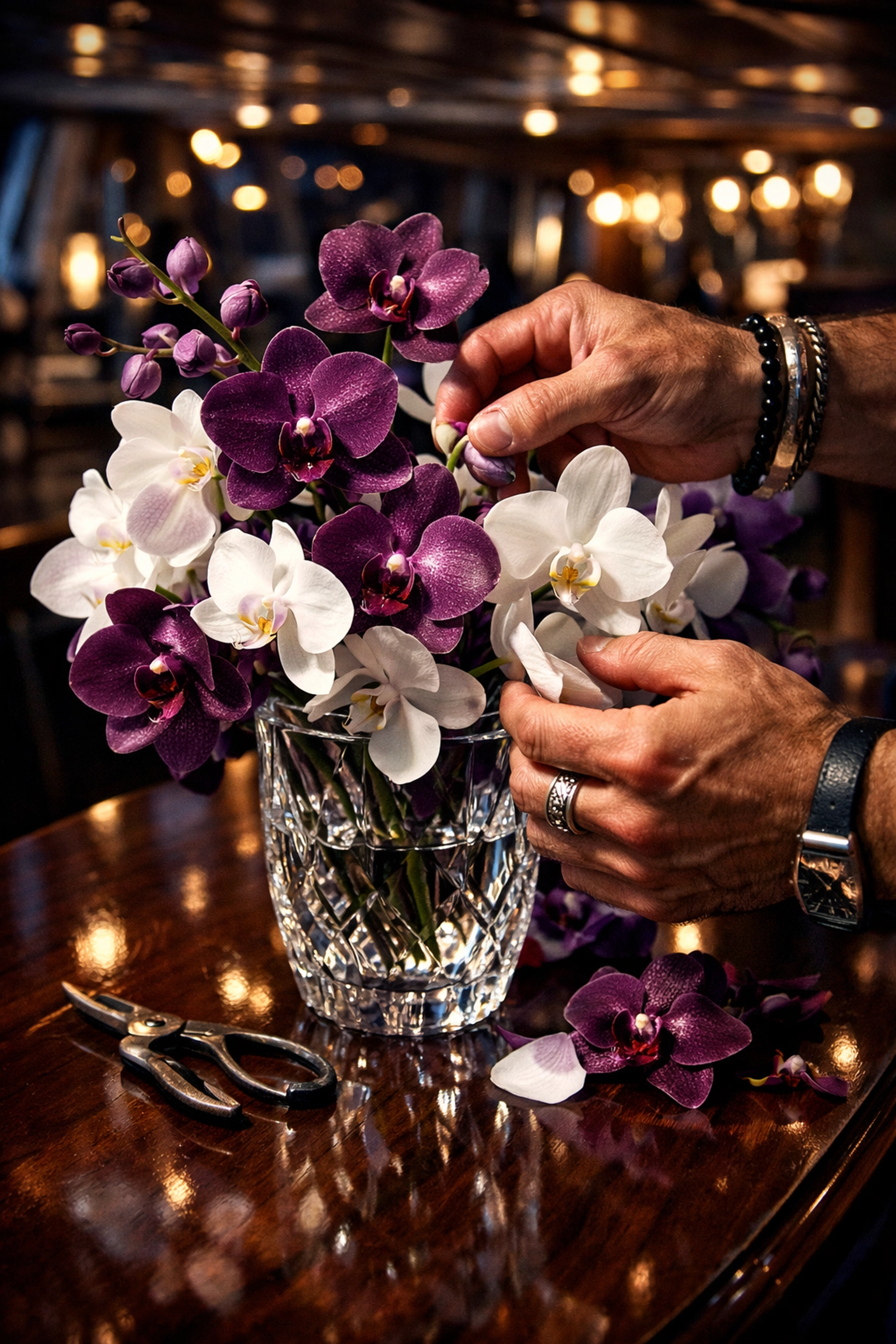 Luxury orchid arrangement being created for upscale event by professional florist