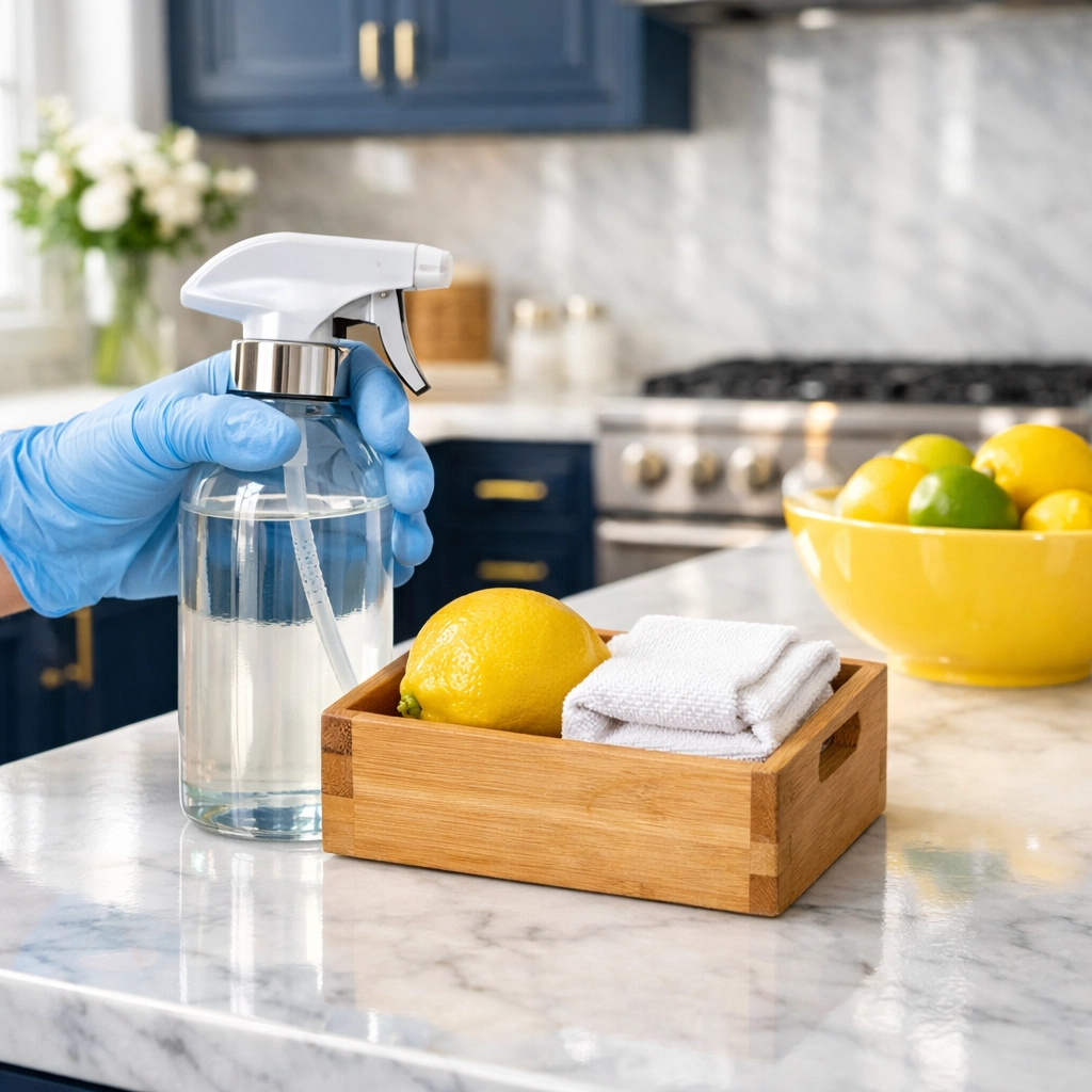 Luxury house cleaning in Andover using eco-friendly products in a modern kitchen with marble countertops.