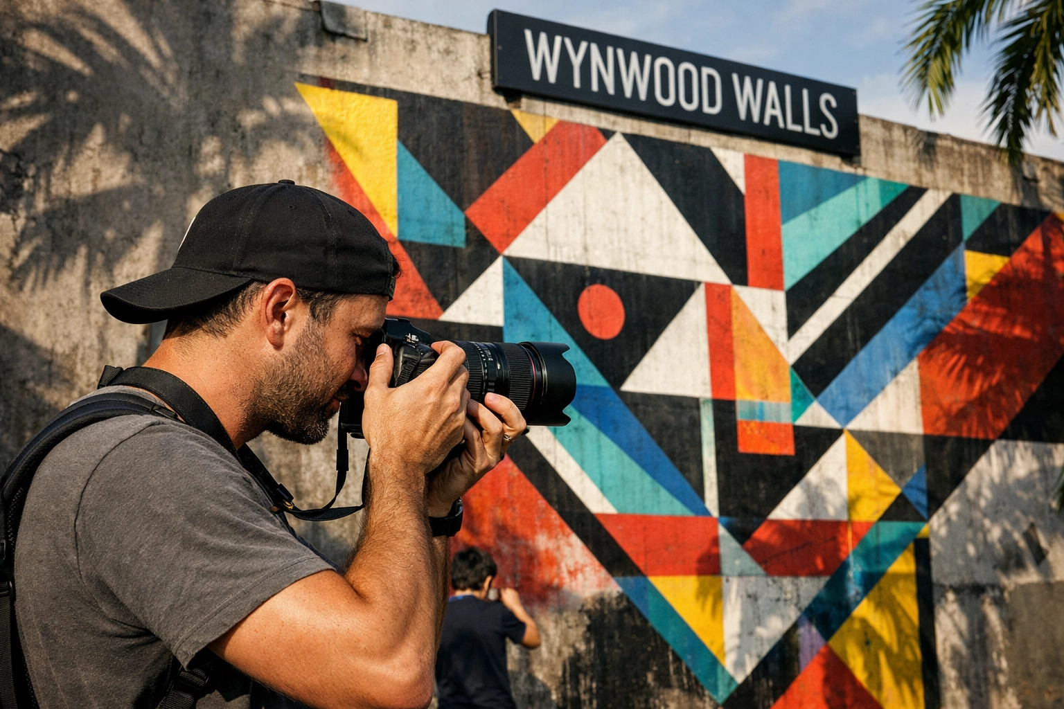 A photographer captures vibrant street art murals at the Wynwood Walls, a premier Miami photography location.