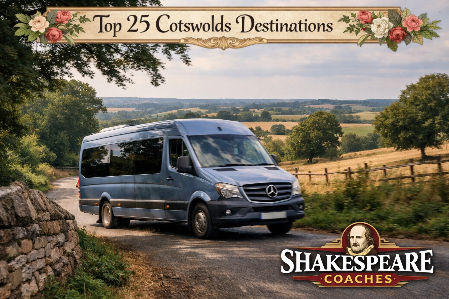 A Shakespeare Coaches minibus driving through the scenic countryside of the Great Tew Estate.