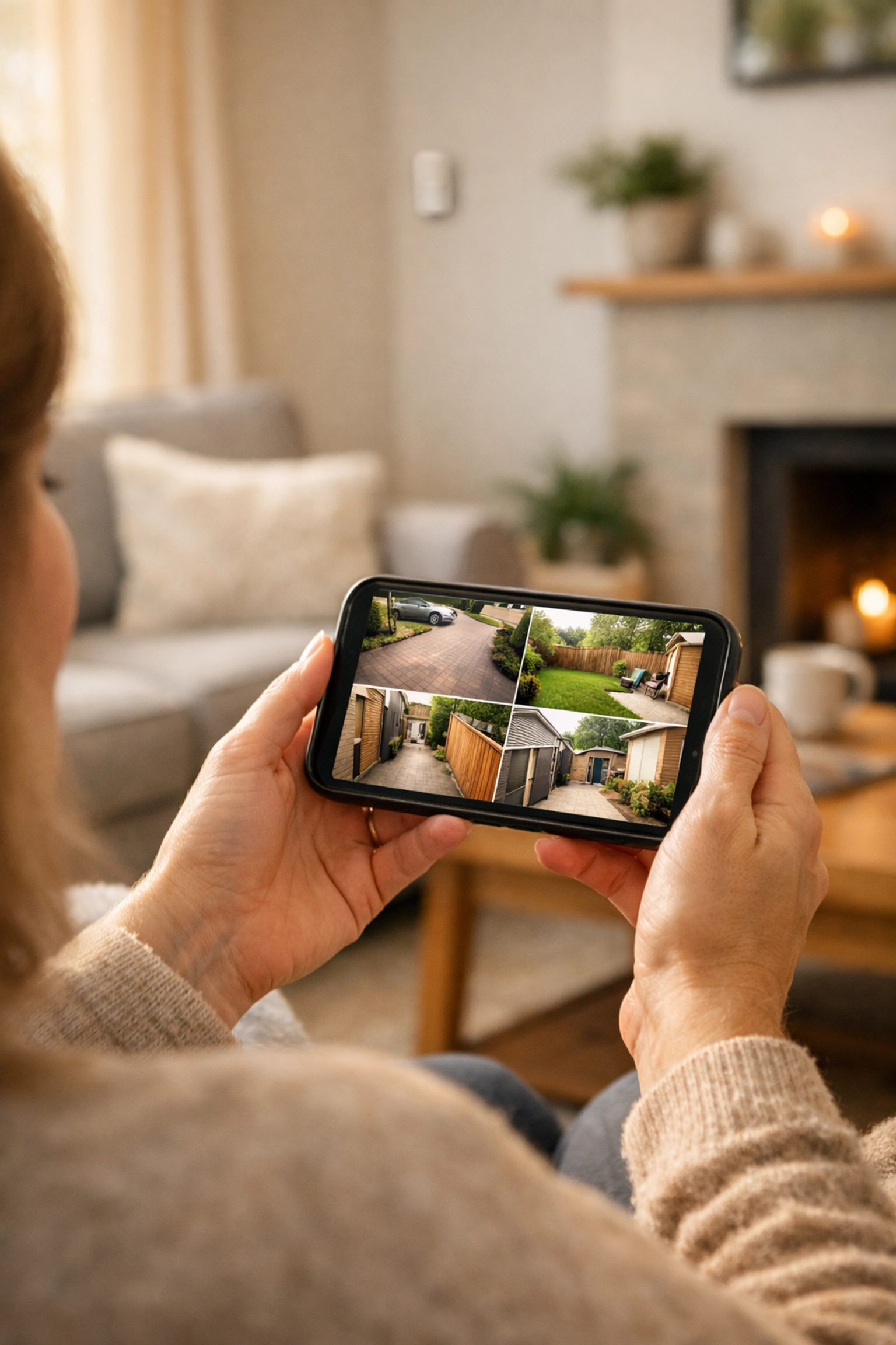 Homeowner monitoring a 4-way CCTV camera feed on a smartphone inside a secure, modern living room.