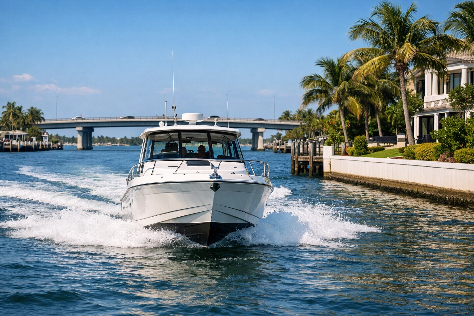 Motorboat in a Cape Coral canal near a bridge, illustrating access for SWFL waterfront homes and realtor expertise.