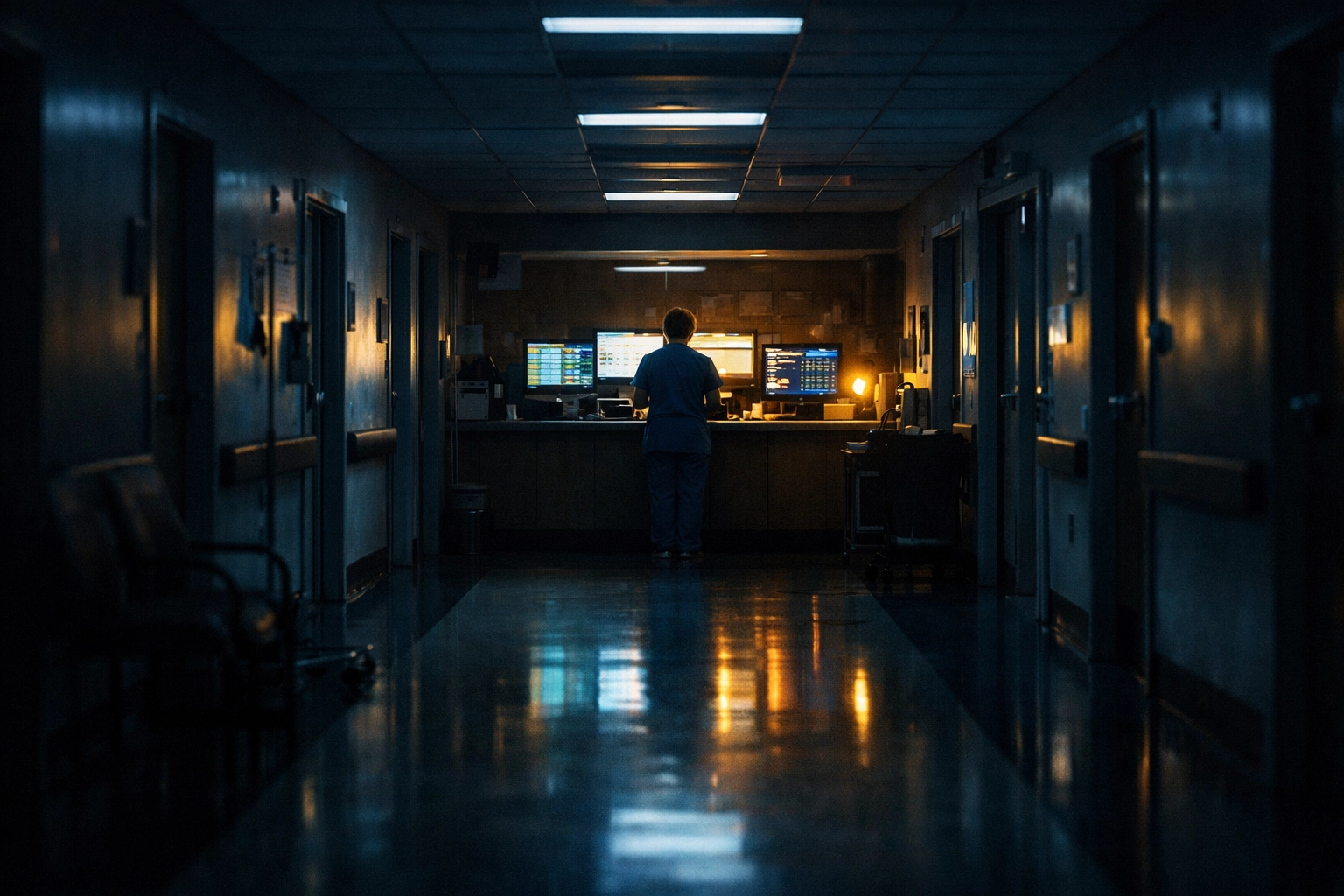 Understaffed hospital corridor with lone nurse managing multiple patients at night shift