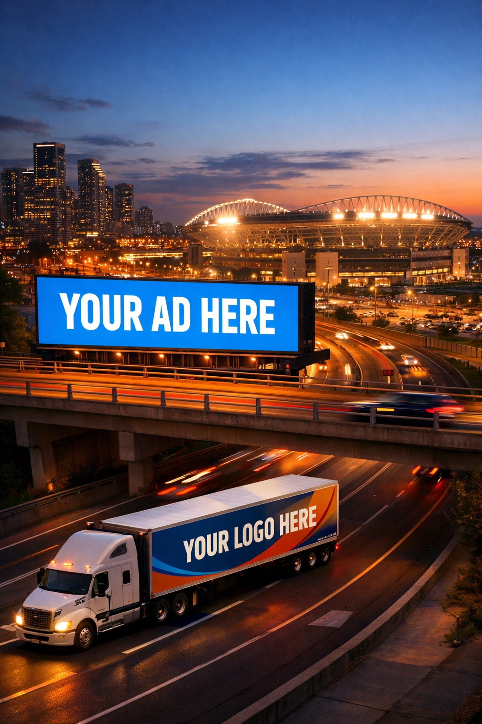 Integrated outdoor advertising network showing billboard, branded truck, and stadium at dusk