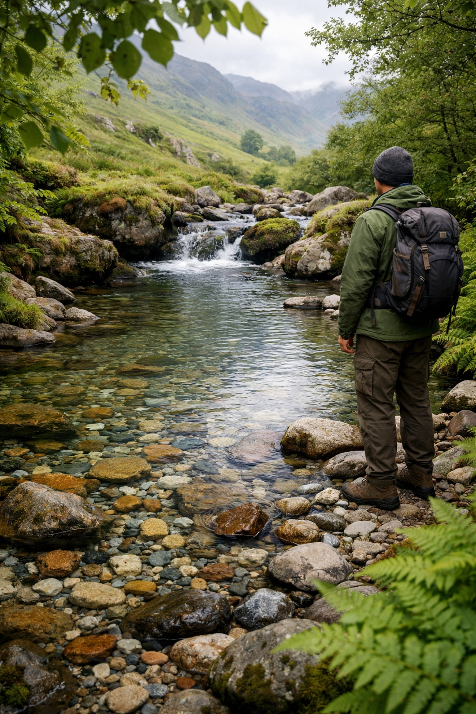 A hiker reflecting by a clear mountain stream during a guided hiking tour in the UK countryside.