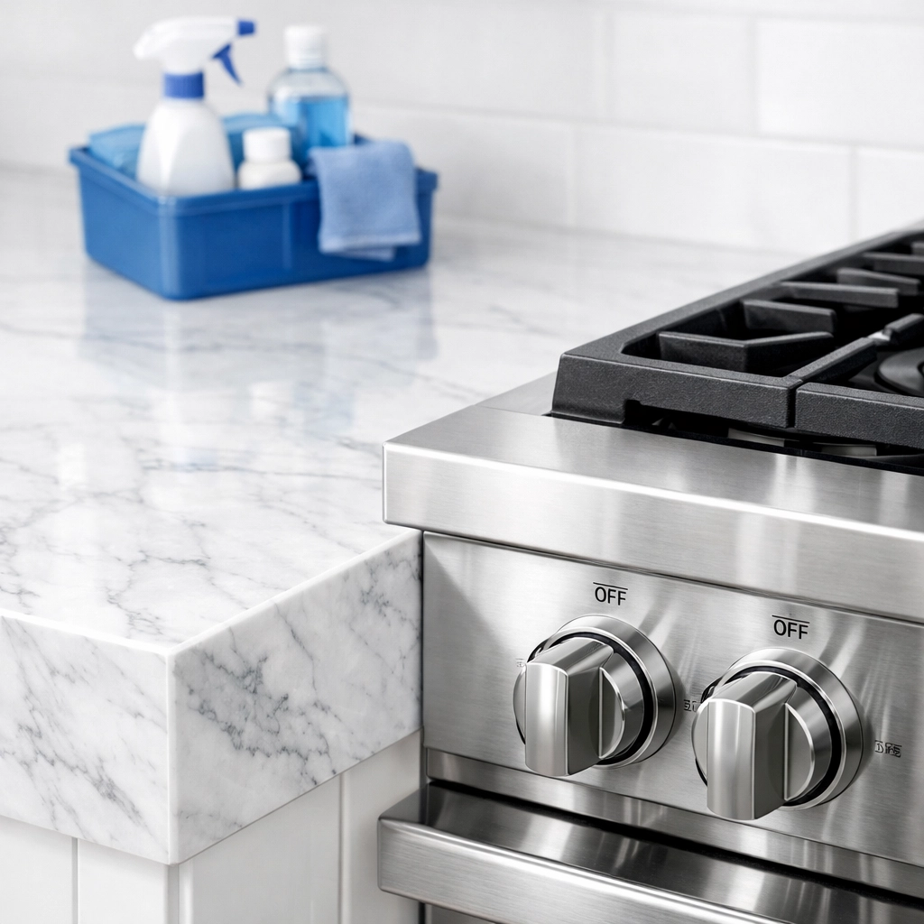 Pristine Westborough kitchen featuring polished marble and stainless steel after professional deep cleaning.