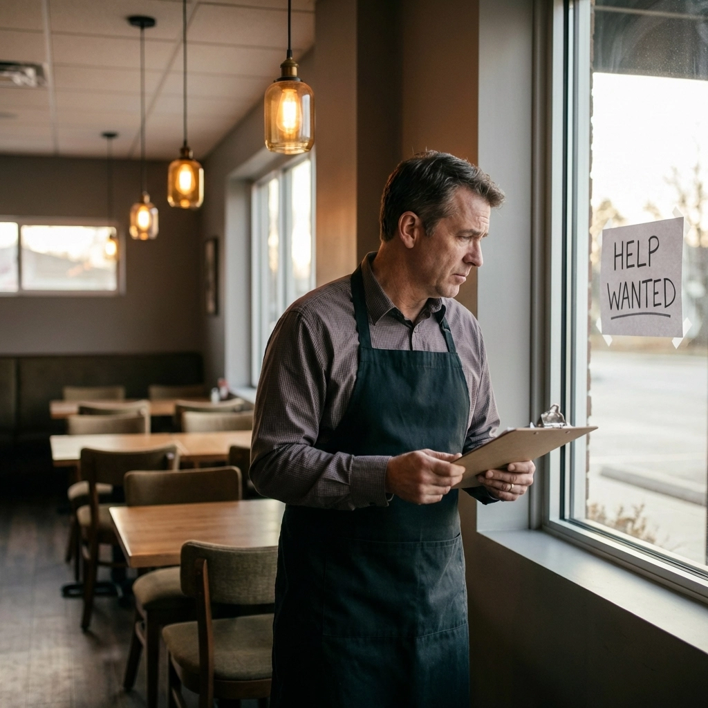 A restaurant manager stands in an empty dining room, looking at a help wanted sign amid restaurant staff shortages.