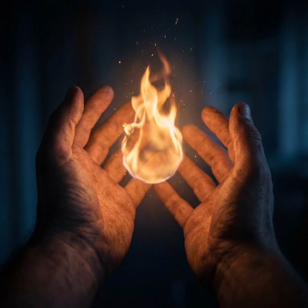 A pair of hands gently cradles a floating flame, casting a warm glow and creating a sense of mystical energy in the dim light.


