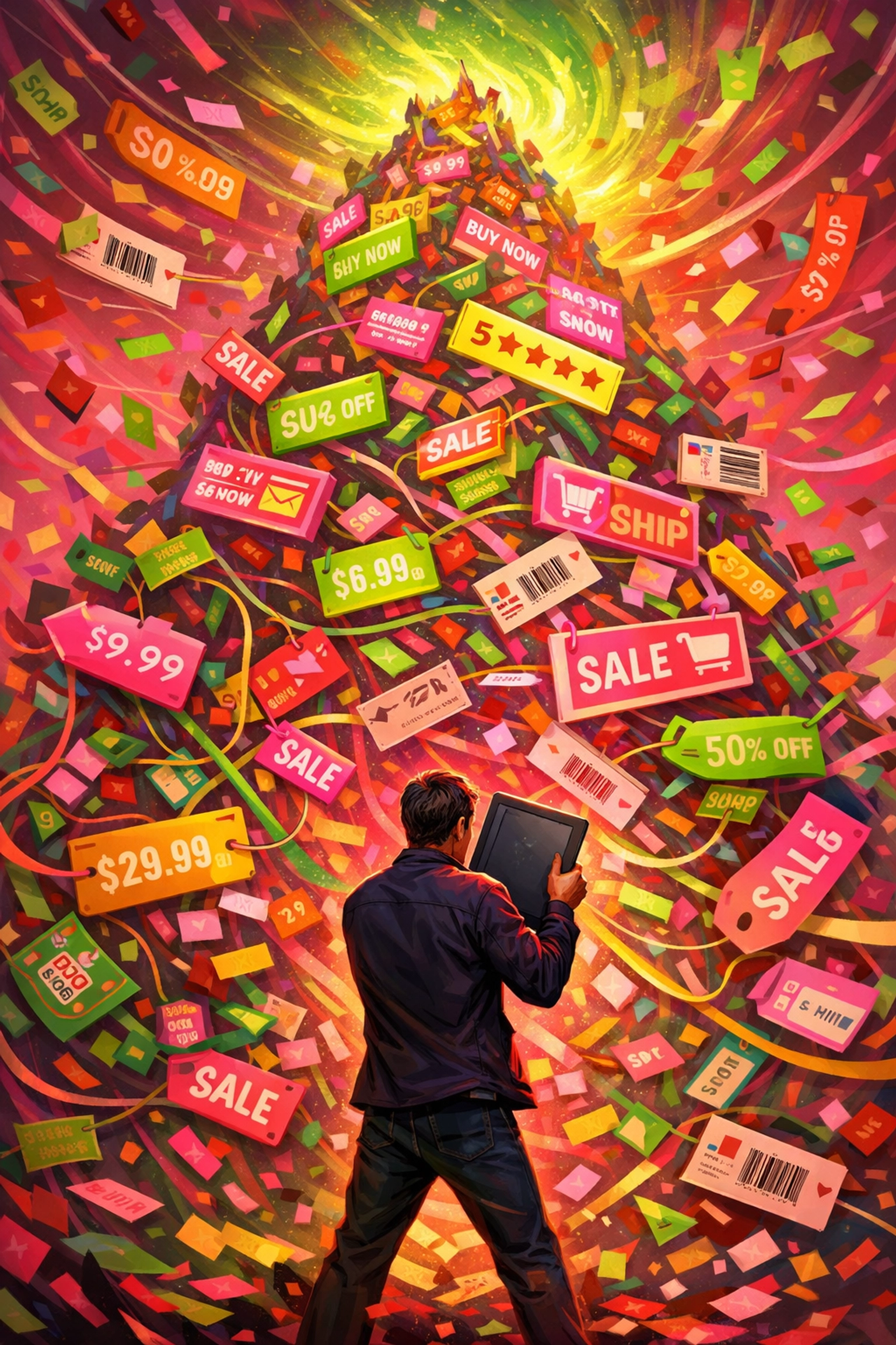 Entrepreneur managing a chaotic pile of digital inventory tags and labels to fix cross-listing mistakes.