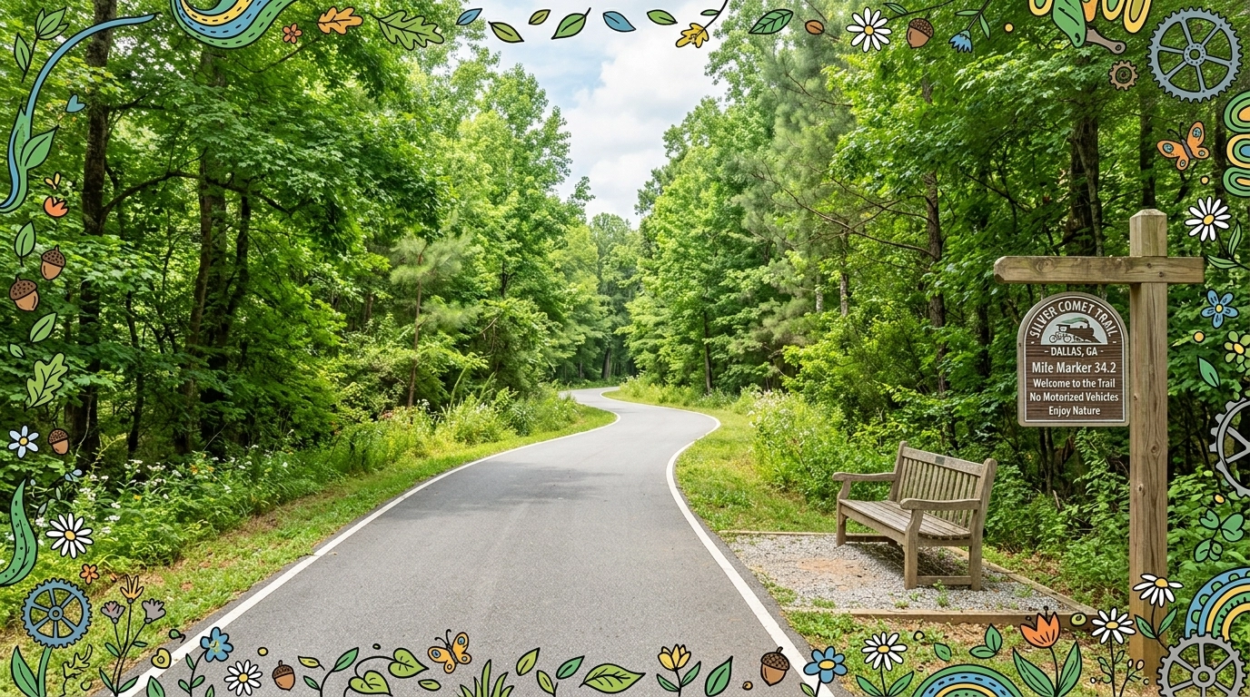 The Silver Comet Trail in Dallas, Georgia, showing a peaceful paved path winding through lush green trees. The Silver Comet Trail in Dallas, Georgia, showing a peaceful paved path winding through lush green trees.