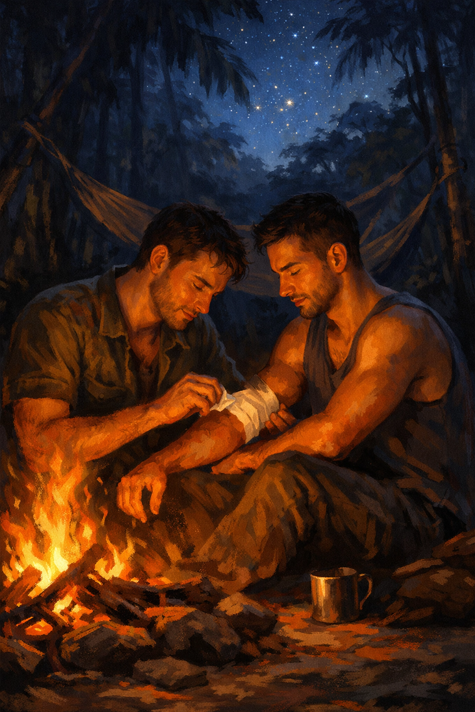 Man caring for partner's injury by jungle campfire - MM hurt/comfort romance