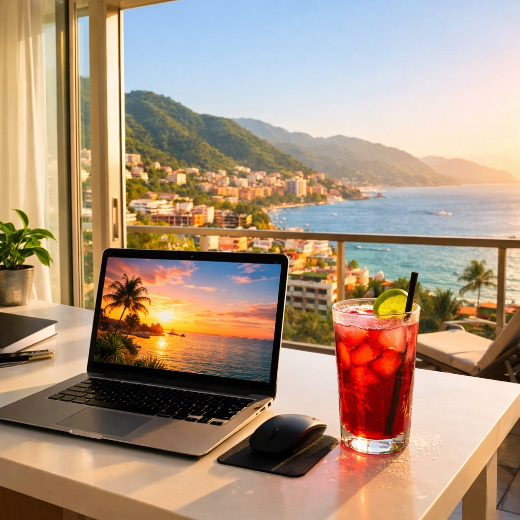 Modern digital nomad workspace in an Amapas condo with views of the Puerto Vallarta coastline.