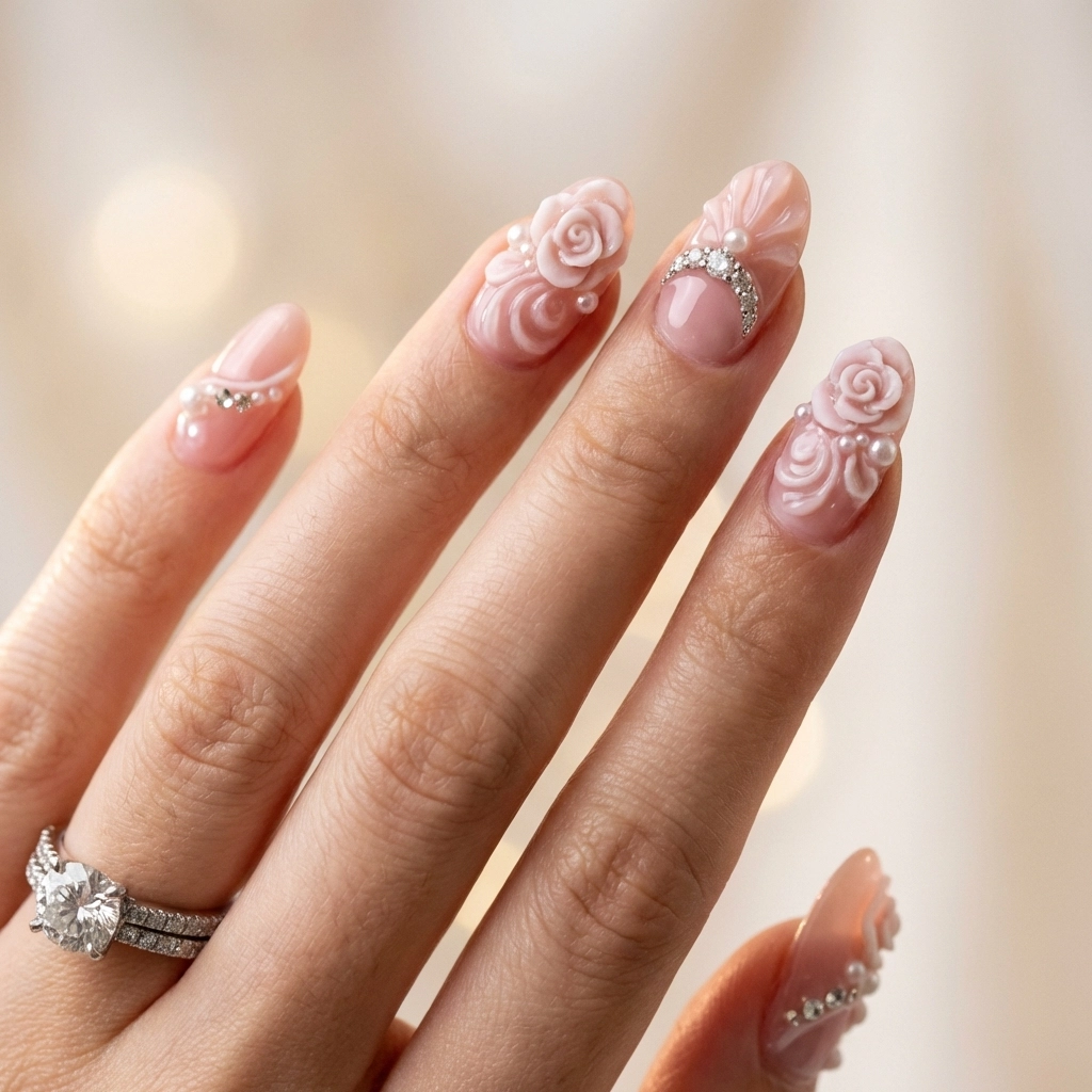 Close-up of hand with pink Japanese gel 3D sculptural nail art featuring floral and crystal designs in Boston salon