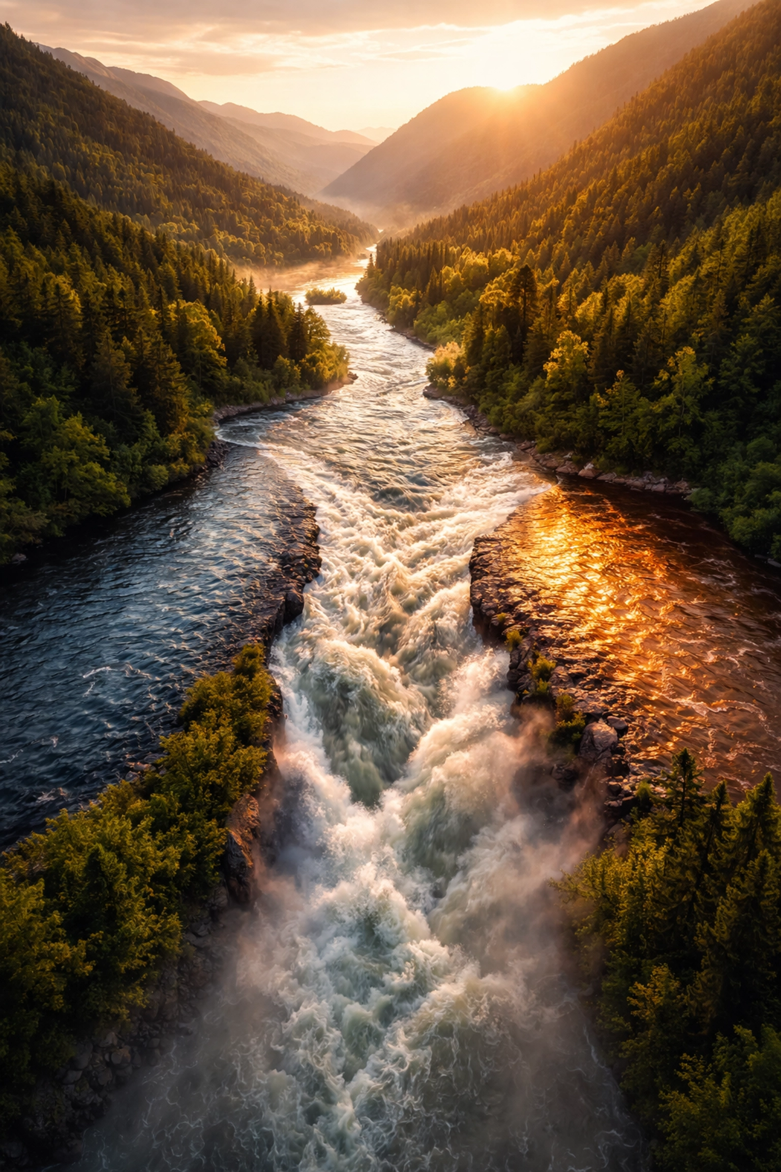 Aerial view of three vibrant rivers merging, illustrating balanced 40/30/30 portfolio allocation in investing