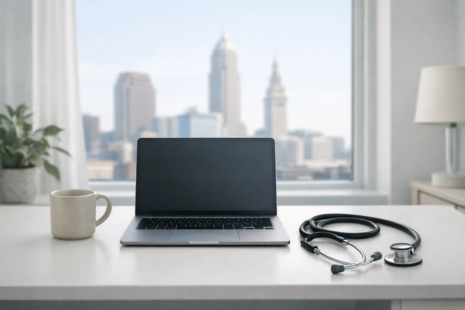 Minimalist workspace for traveling nurses in a Cleveland apartment, perfect for mid-term corporate relocation stays.
