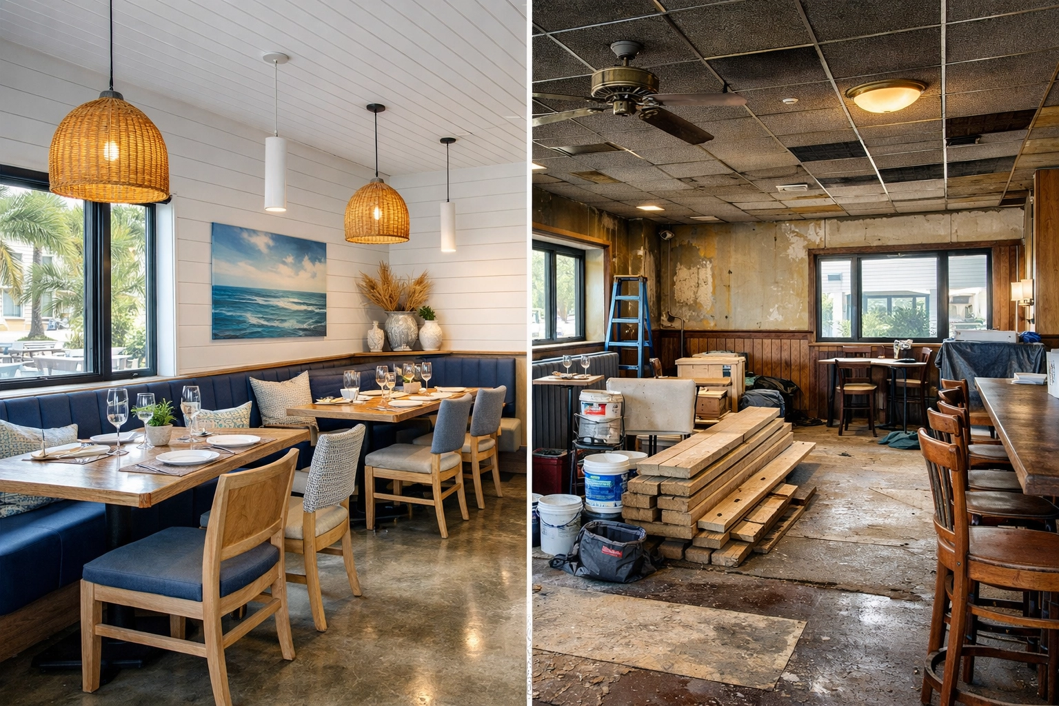Commercial restaurant renovation showing before and after interior upfit with modern coastal design