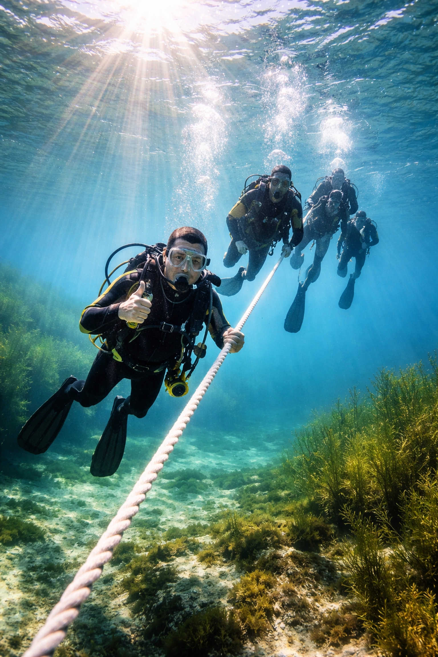 Gruppe von Tauchern steigt entlang einer Leine in klarem Süßwasser auf und demonstriert sicheres Tauchen