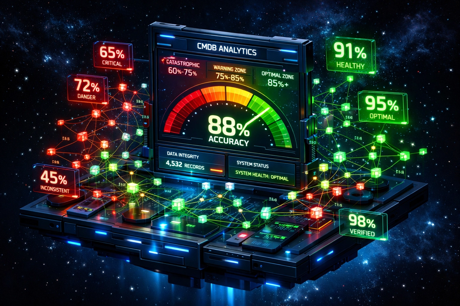 ServiceNow CMDB accuracy dashboard showing catastrophic zone vs optimal zone for ITOM automation