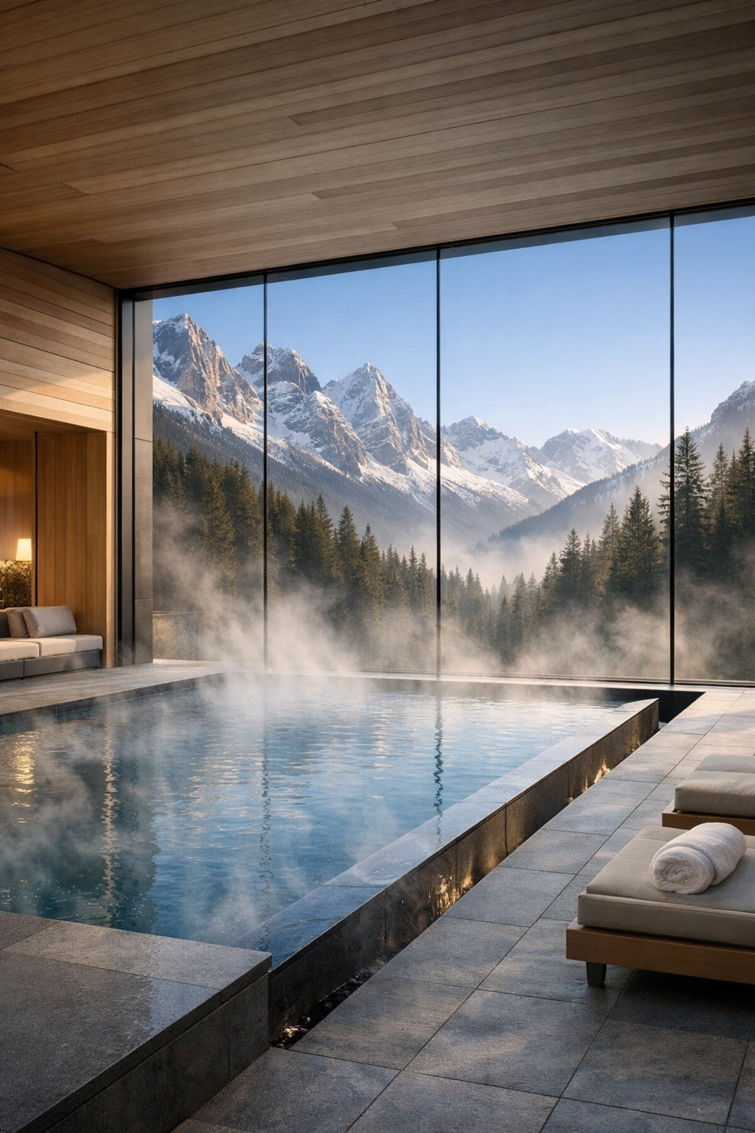 Luxury Swiss Alps wellness retreat with a steaming infinity pool and panoramic mountain views.