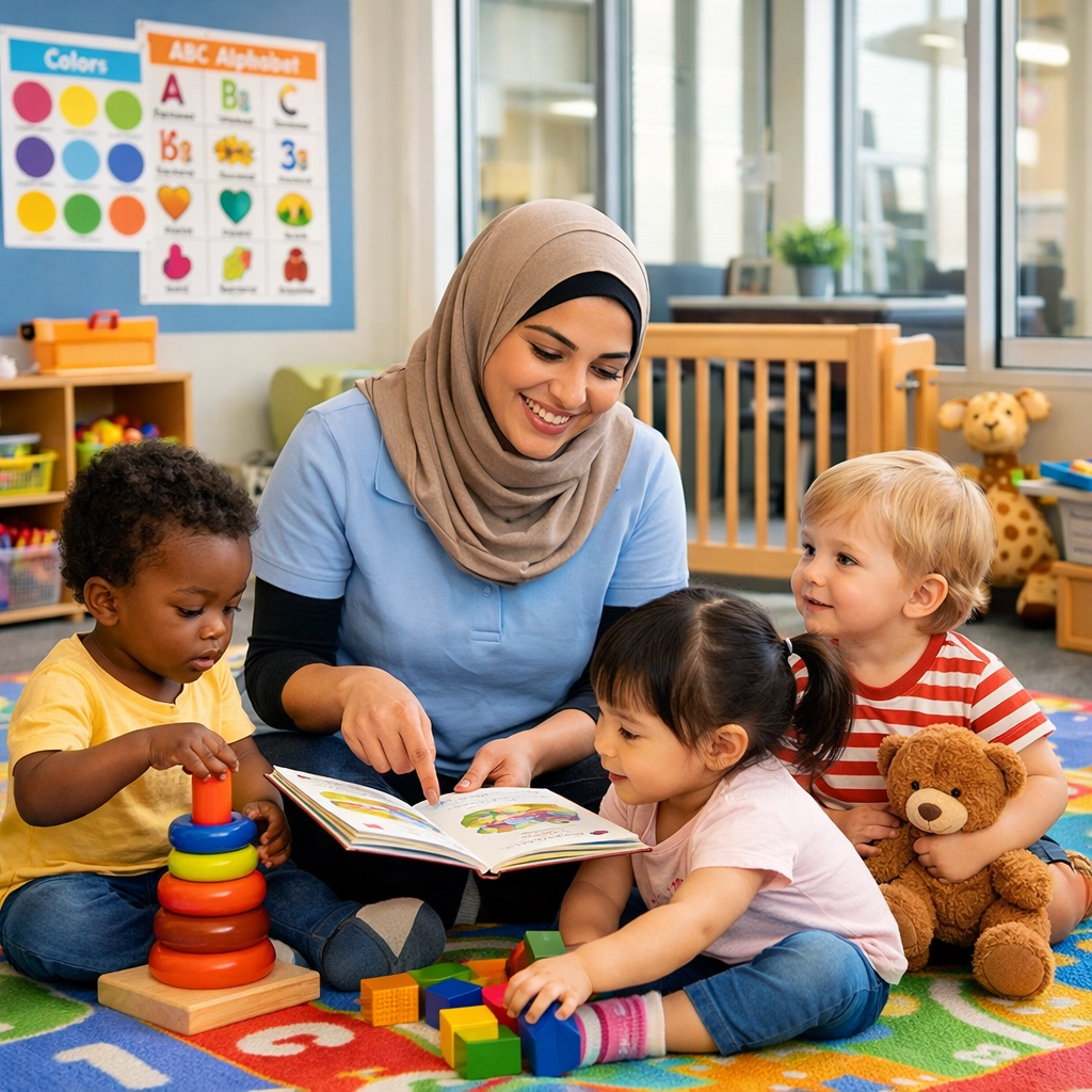 Small business on-site childcare facility with caregiver and diverse children