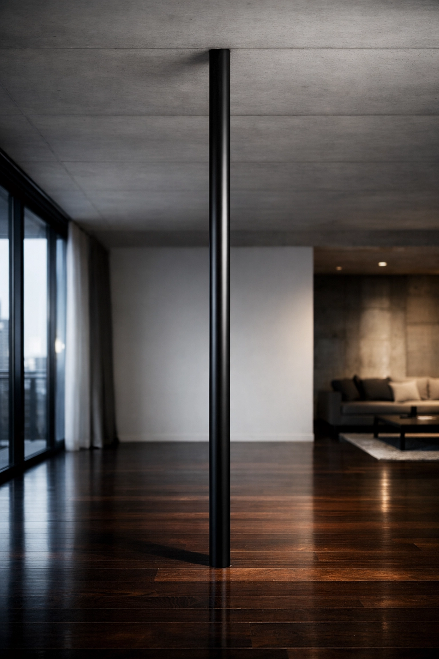 Matte black no wall damage workout system installed in a modern loft as a pull up bar alternative.