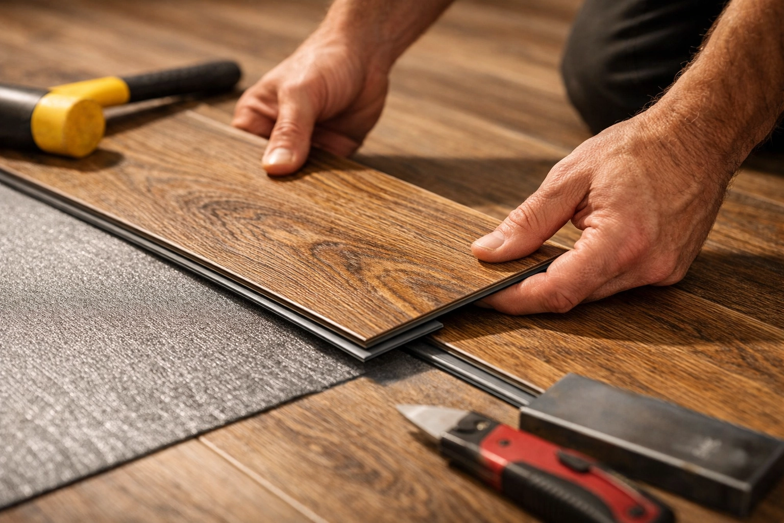 Professional LVP flooring installation Orlando showing underlayment and precision craftsmanship