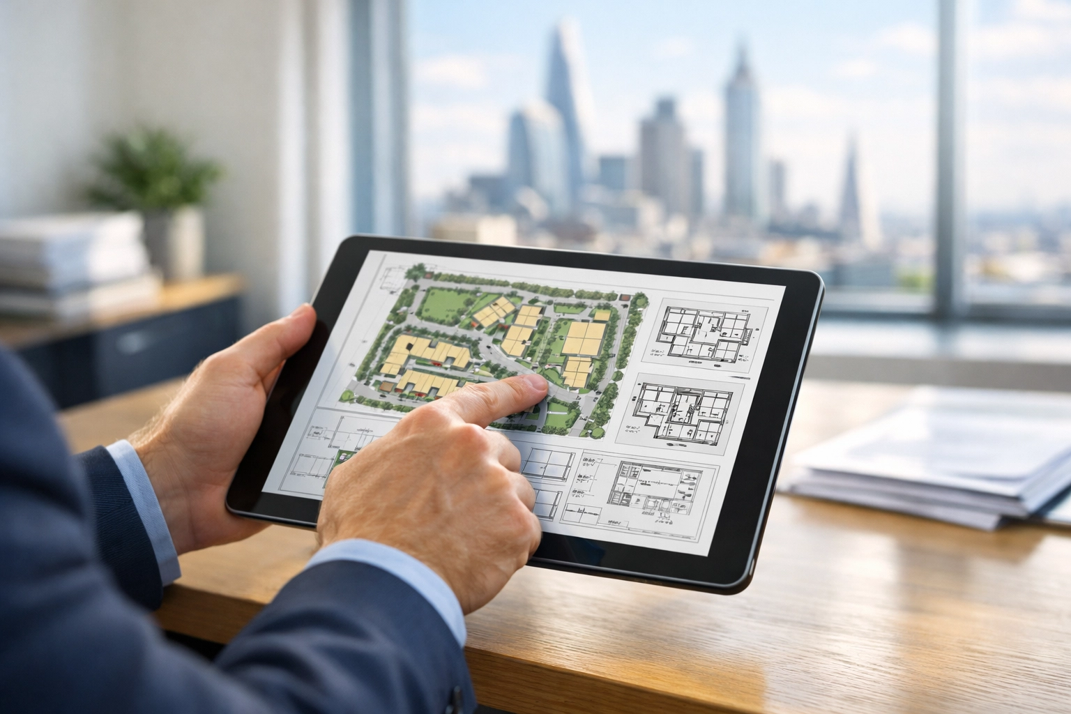 Property manager reviewing digital site plans for multi-site estate facilities management in a London office.