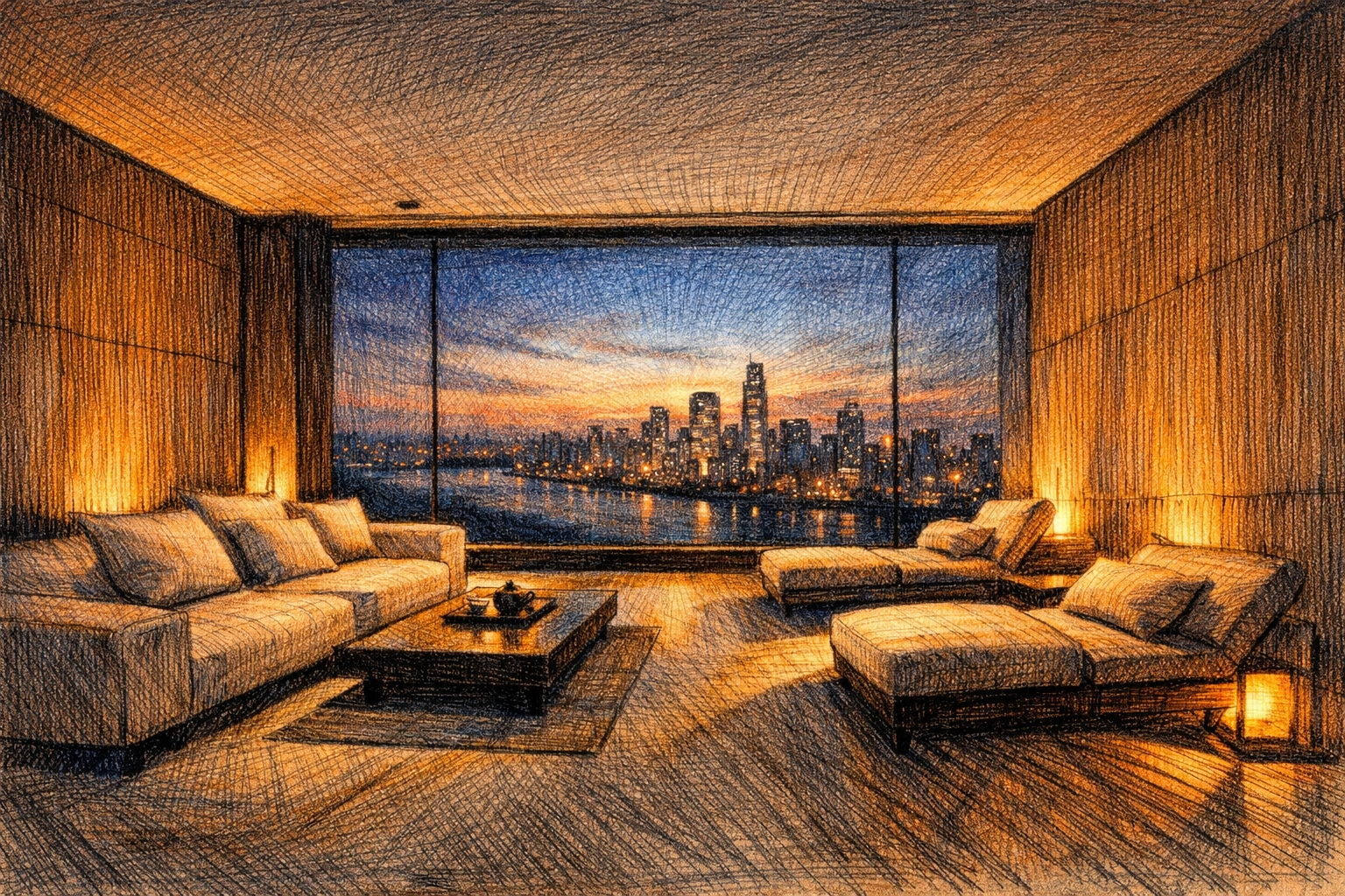 A minimalist luxury hotel suite with warm bamboo panels and a city view, embodying a calm guest experience.