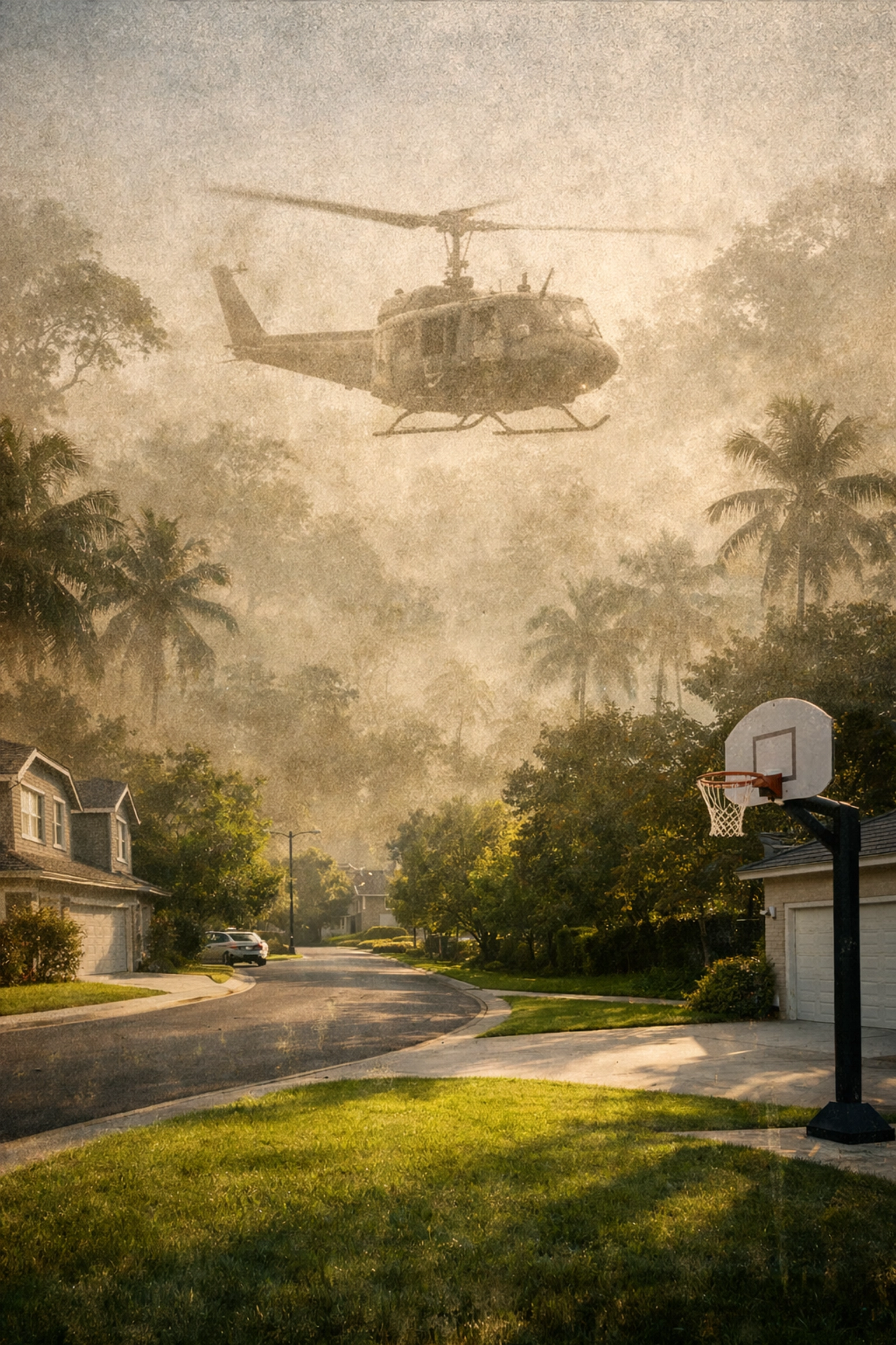 Double exposure of peaceful suburbs and the Vietnam jungle, depicting the shadow of historical war.