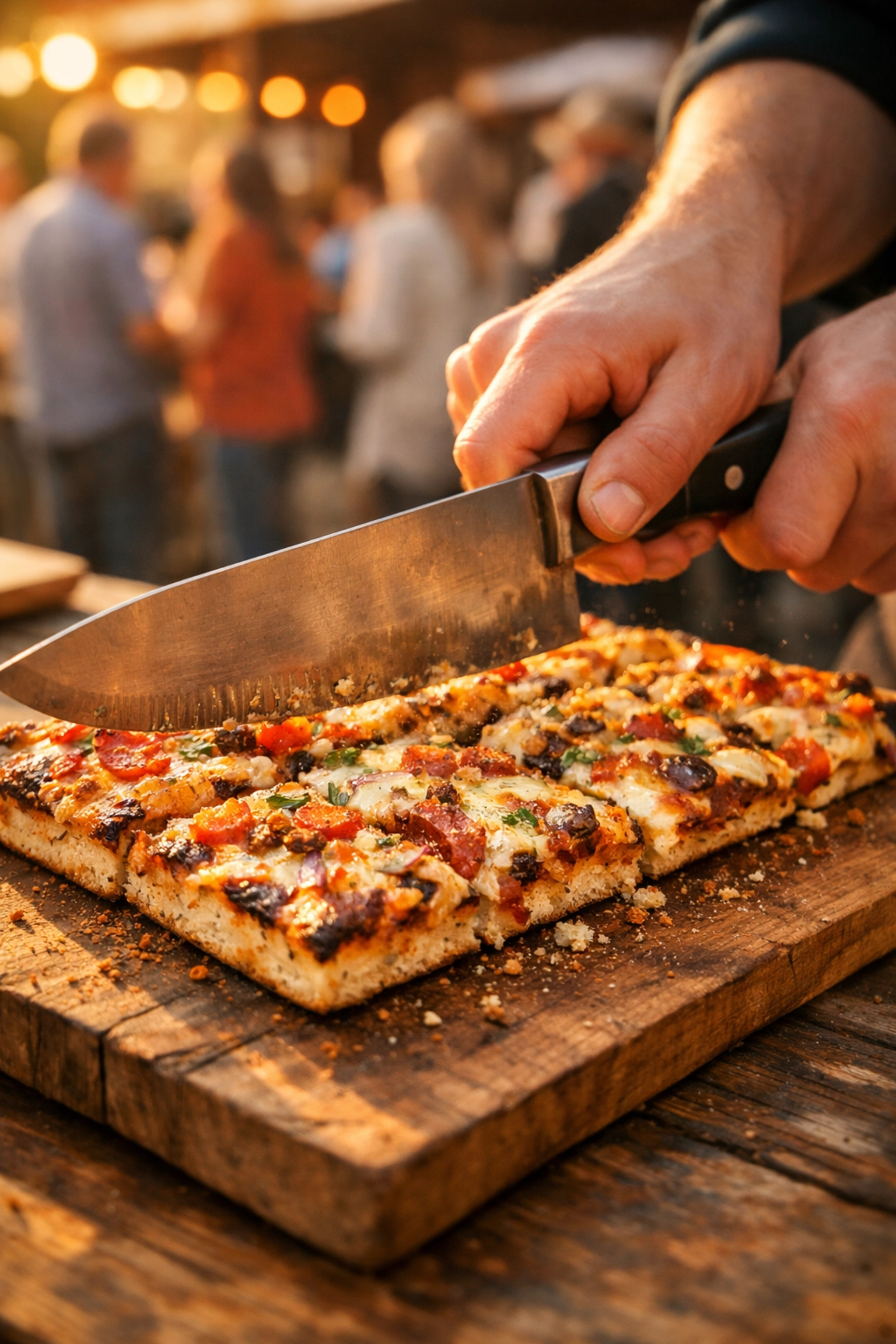 Cutting rectangular BBQ flatbread into equal portions on wooden board at Utah event
