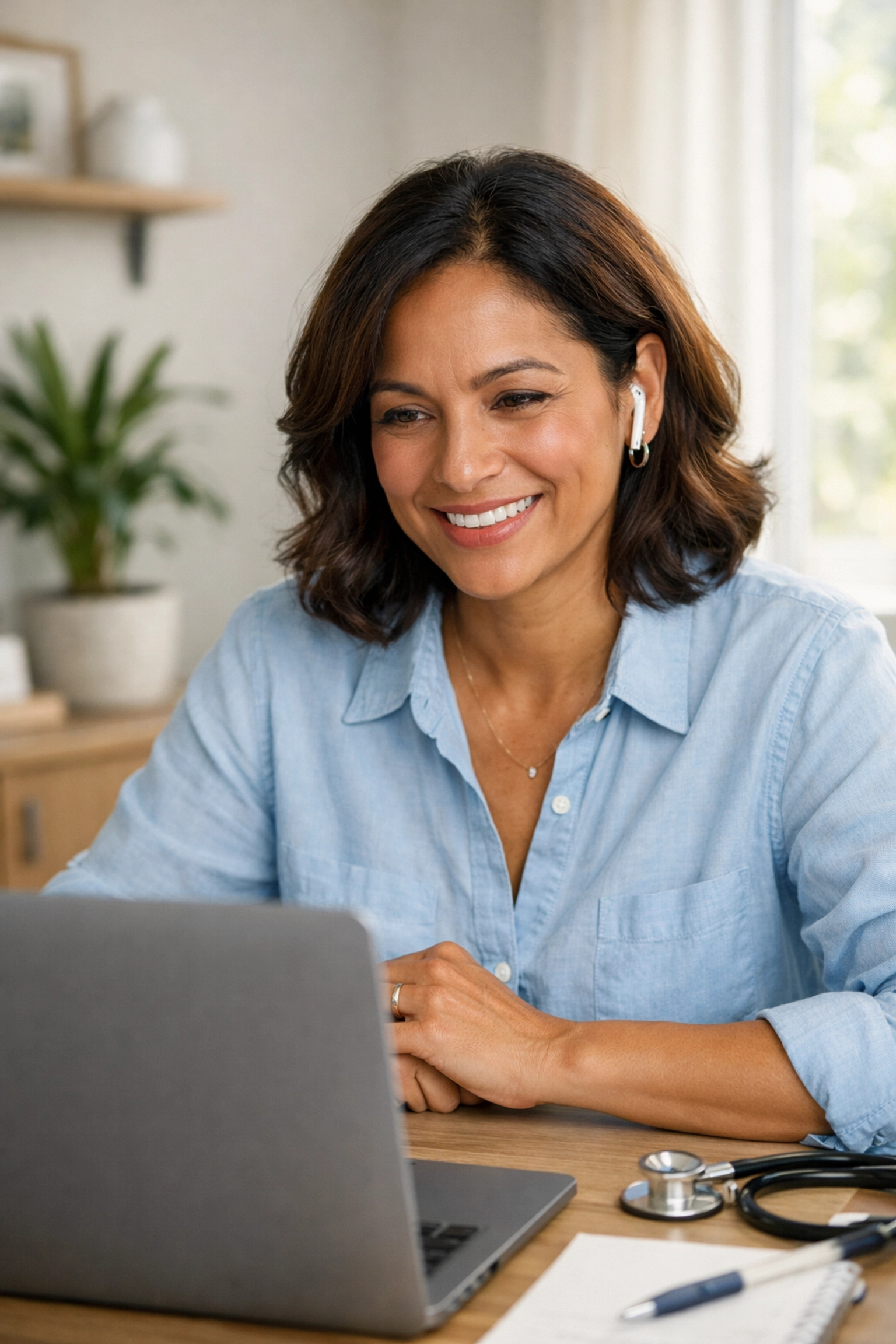 Patient participating in a telehealth consultation for a medical weight loss assessment and tirzepatide review.