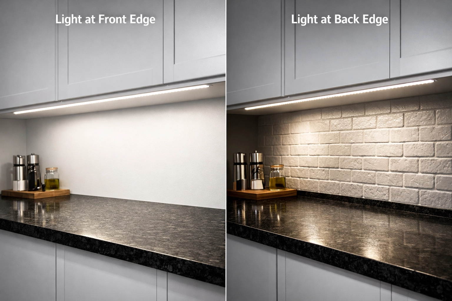 Comparison of LED strip light placement under kitchen cabinets showing proper positioning techniques