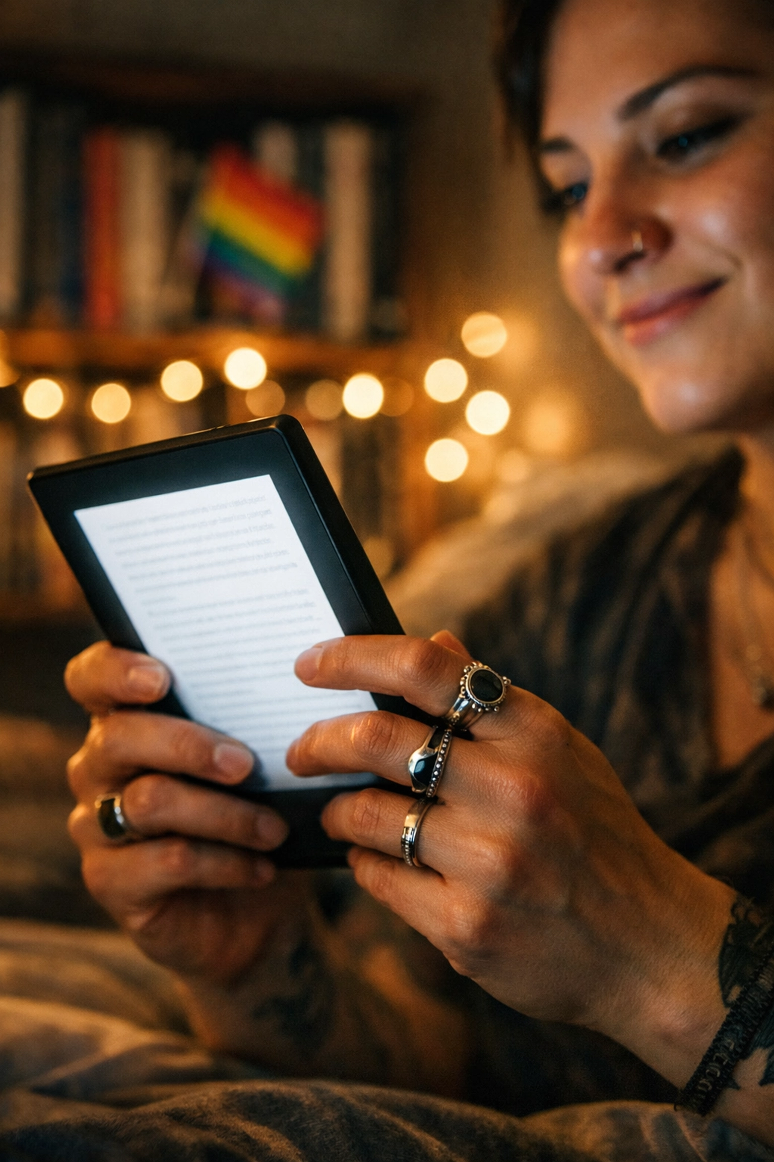 A queer writer smiling while holding an e-reader showing their published MM romance book.