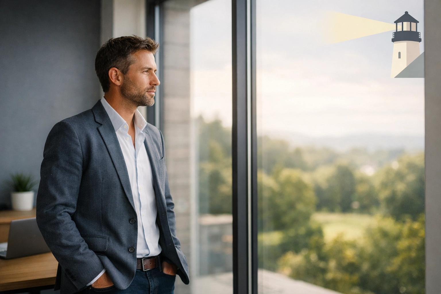 A confident retiree looking at a green landscape, symbolizing a clear path to retirement wealth.