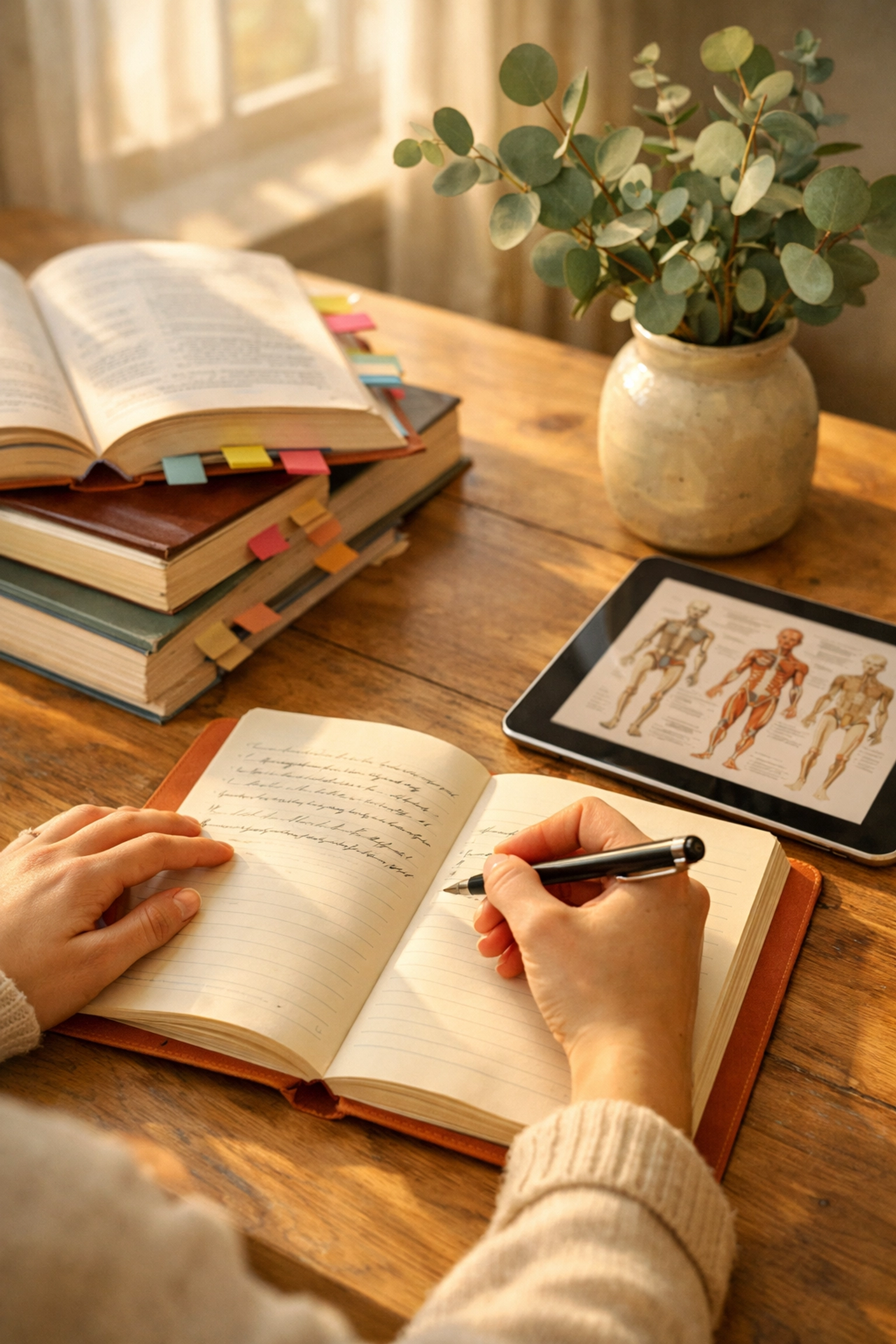 Medical student writing reflective journal surrounded by anatomy textbooks and study materials