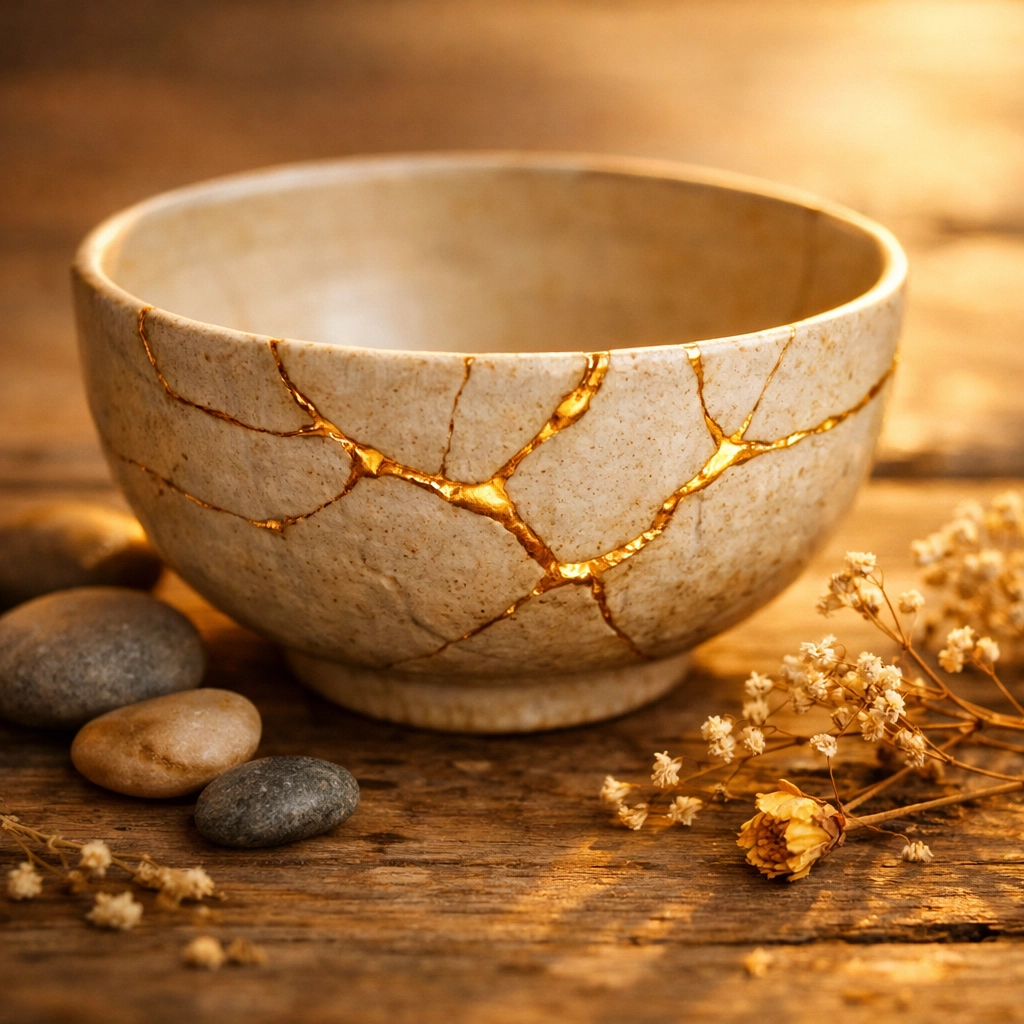 Kintsugi bowl with gold repairs, symbolizing emotional healing and mastering the Chiron effect.