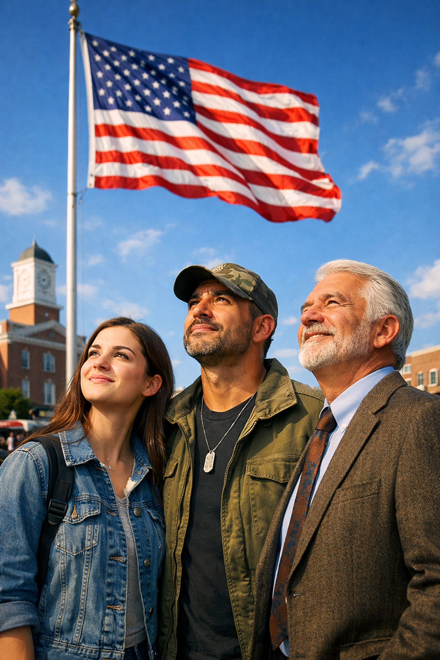 A veteran and student looking at the American flag together to symbolize community civic responsibility.