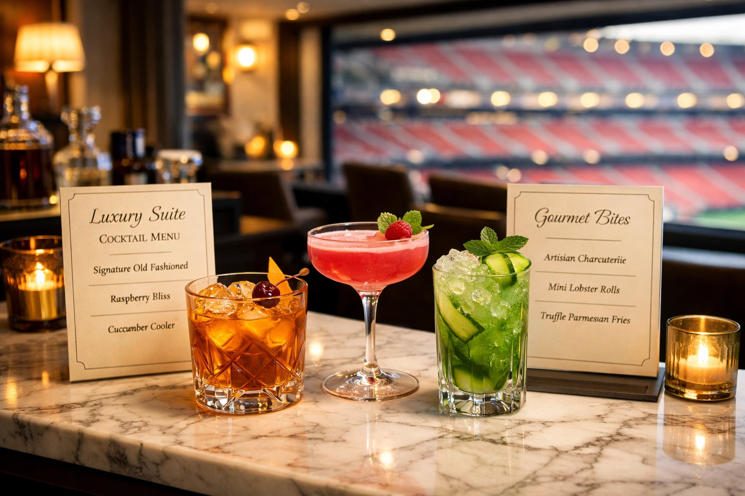 Premium cocktail bar setup in luxury executive suite for Super Bowl corporate hospitality