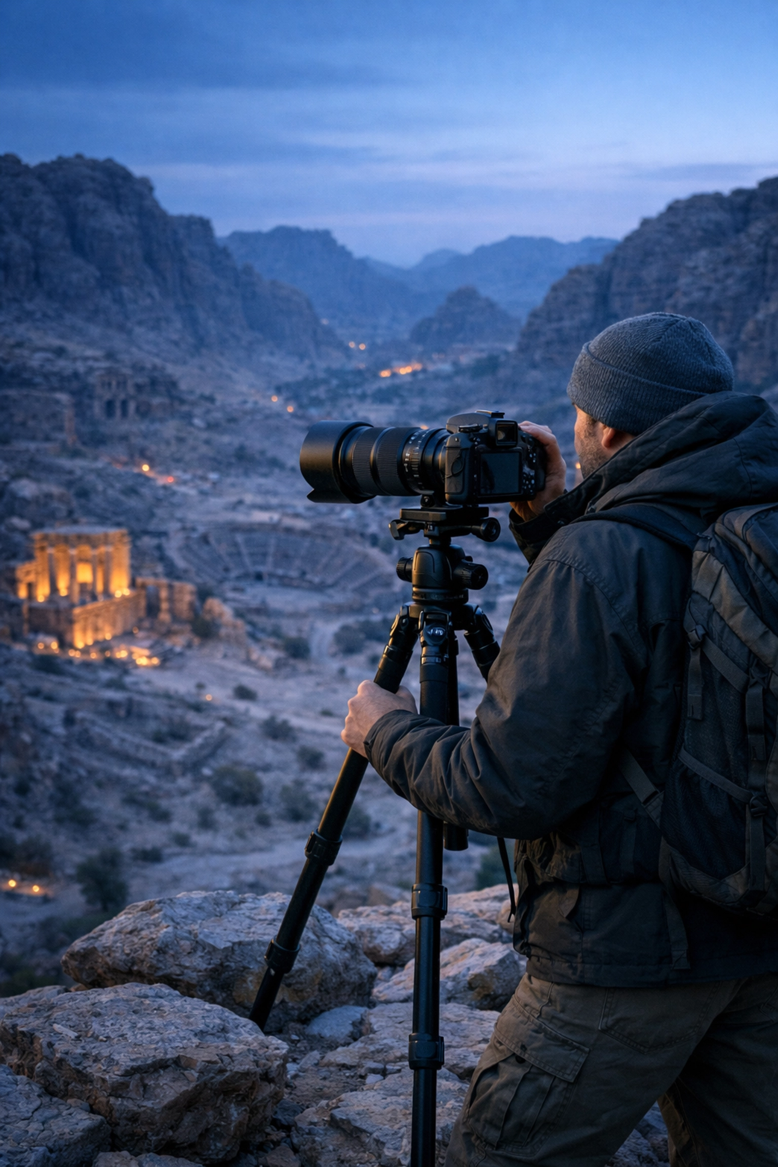 A photographer using professional gear and travel photography tips to capture a stunning landscape at sunset.