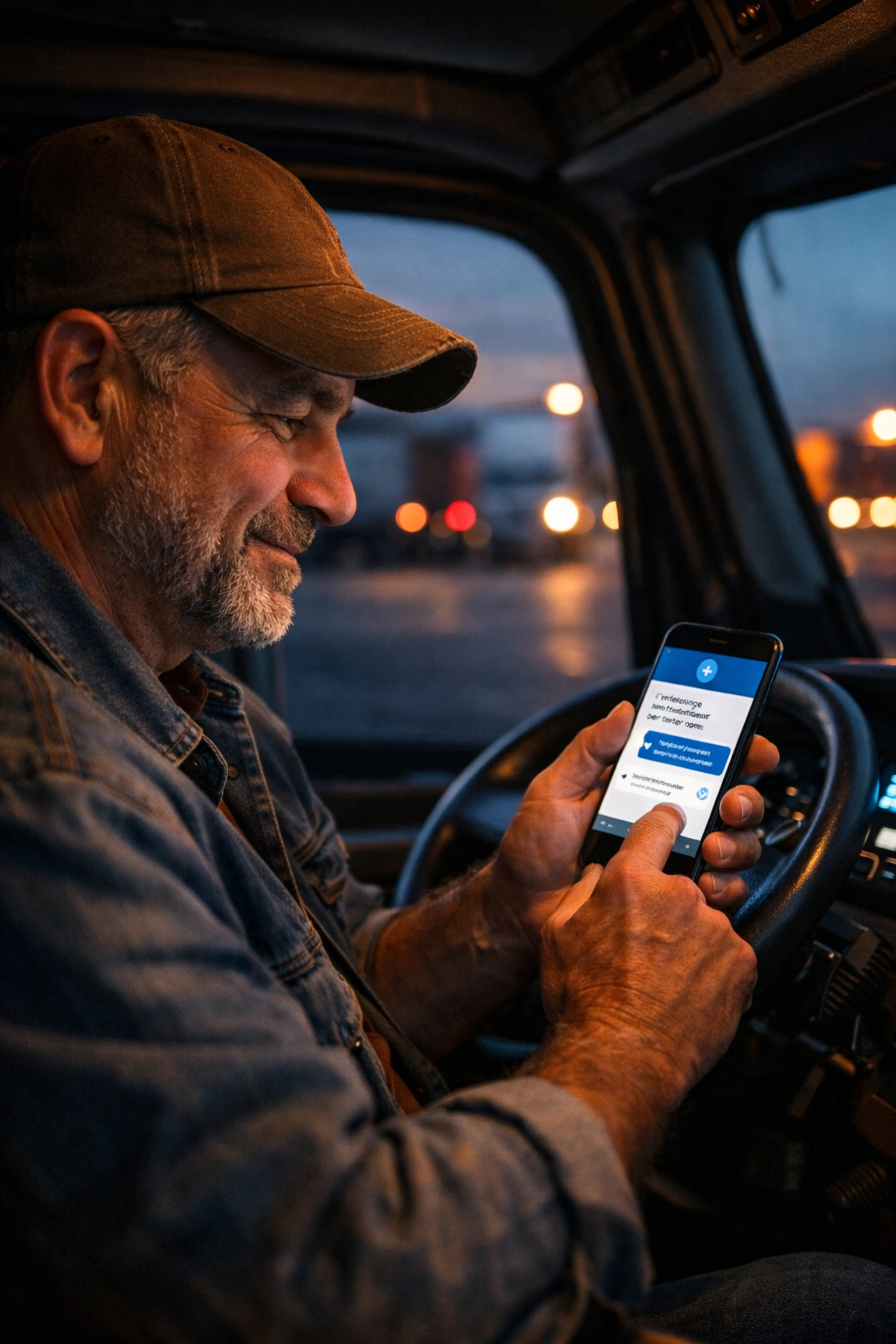 Truck driver in a semi-truck cab using secure text messaging for a telehealth doctor consultation.