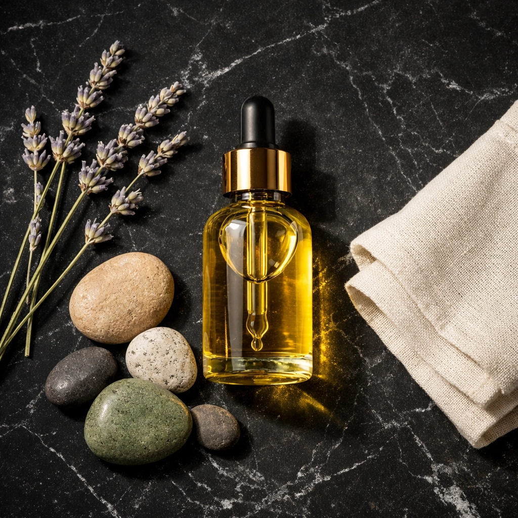 Glass dropper bottle of organic castor oil surrounded by natural botanicals and linen