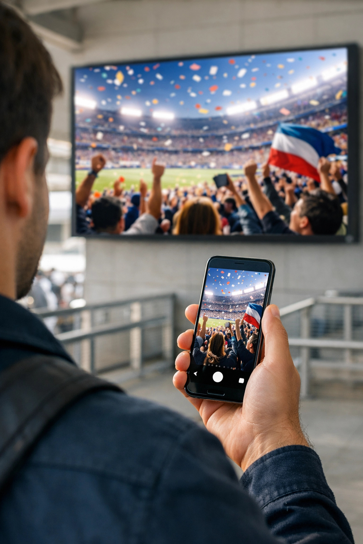 A sports fan engaging with mobile technology near a large digital out-of-home screen in a stadium concourse.