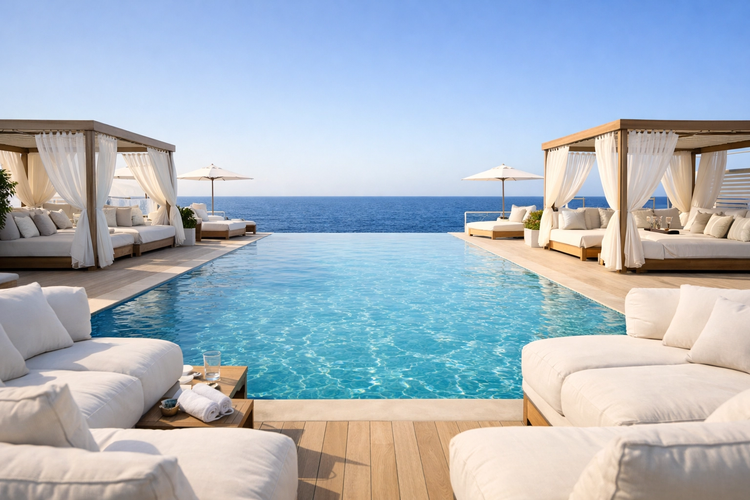 Exclusive luxury cruise sanctuary deck featuring a private infinity pool and plush white cabanas.
