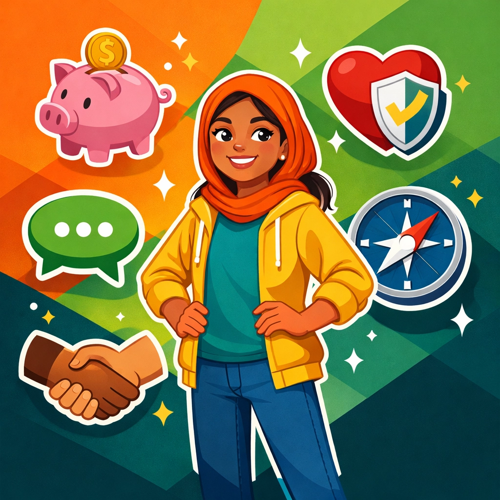 Teen surrounded by life skills icons including financial literacy and character building